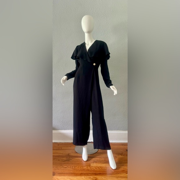 Vintage 80s Black Avant Garde Wide Leg Long Sleeve Jumpsuit M - Picture 3 of 11